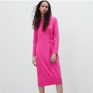 Zara Midi Long Sleeve Hot Pink Knot Detail Dress Size Medium